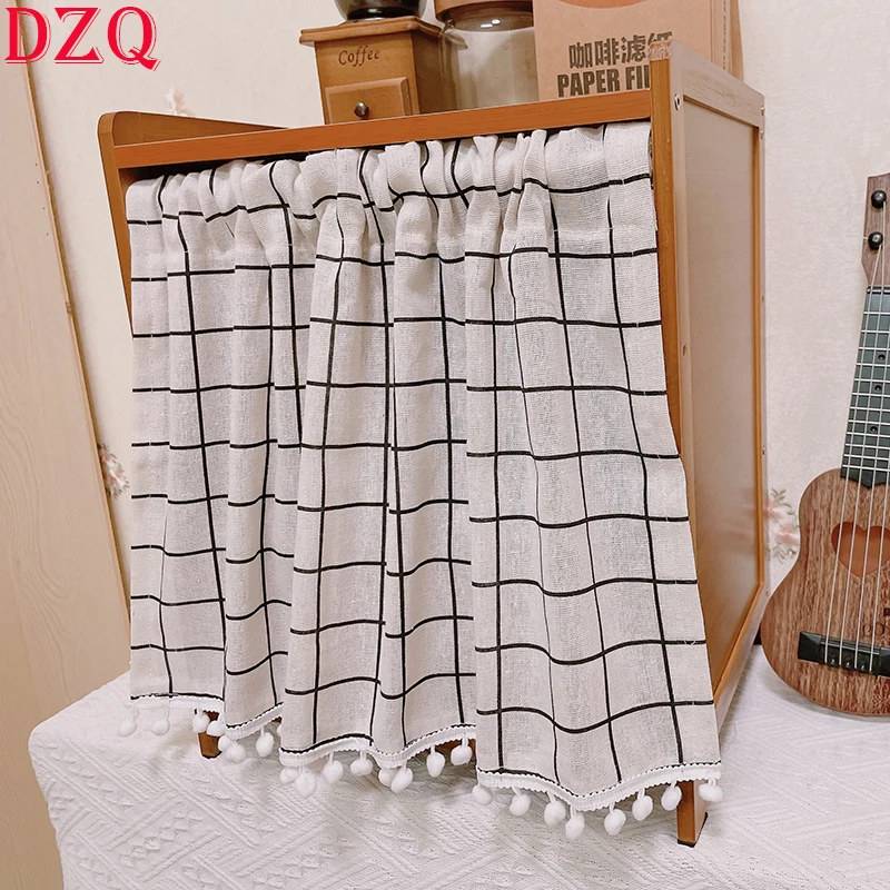 

Black White Plaid Short Curtains for Kitchen Japanese Linen Bottom Balls Half Curtain Coffee Valnace Customizable #A046