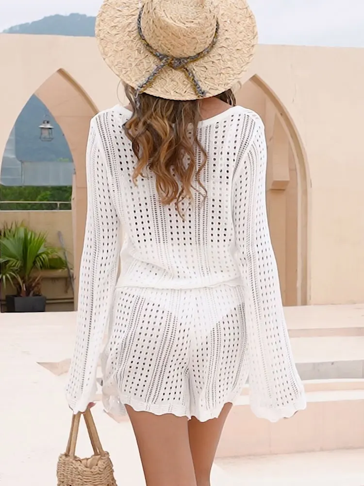 Женский вязаный крючком топ и шорты сексуальный комплект из двух предметов с