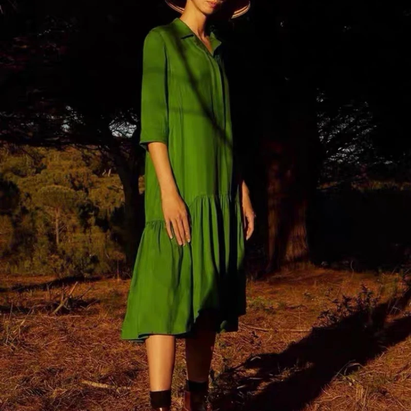 

2022 Женский, изумрудно-зеленый, с воротником, со складками, летний