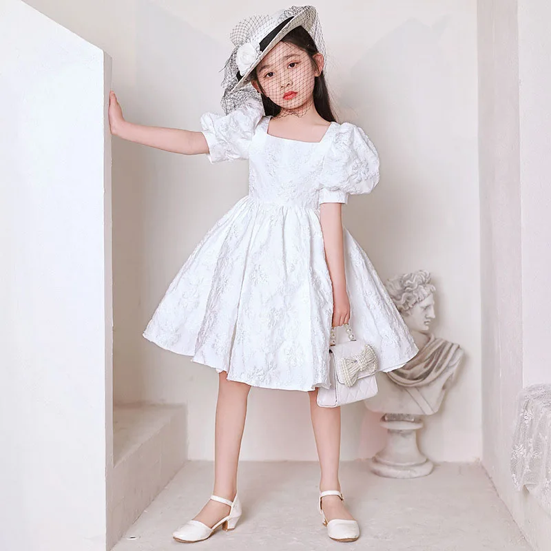 Girl Summer Elegant Charm White Princess Dress Birthday Party Violin Piano Flower Child Model Presenter Performance