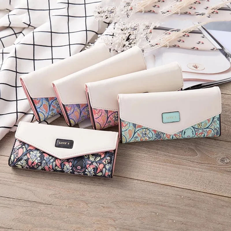 Women Envelope Floral Long Wallet Hit Color Tri-fold Flowers Printing Female Pu Leather Hasp Coin Purses Lady Clutch Phone Bag