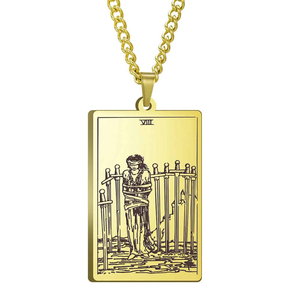 

3 Colors Black Color Gold Color Steel Color 24x40mm Tarot Eight Of Swords Pendant Necklace With 60cm Link Chain