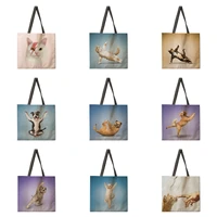 oil painting cartoon cat and dog print lady designer handbag linen reusable shopping bag grocery shoulder bag lady tote bag