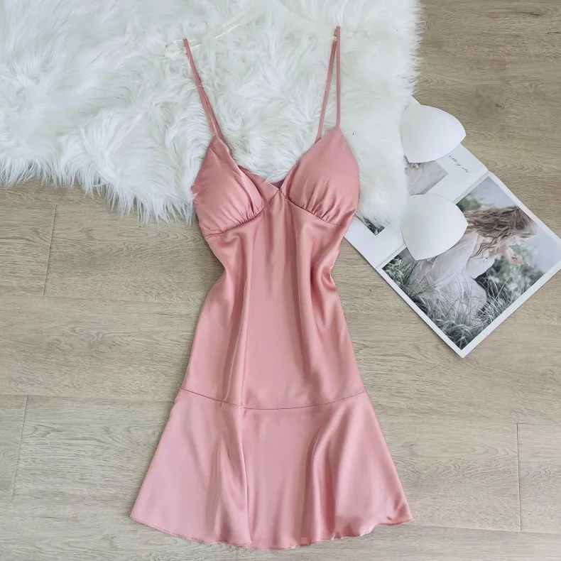 

Satin Women Nightgown Strap Nighty Summer Solid Sleepshirts Intimate Lingerie Pullover Nightwear V-neck Sleepwear Pyjamas Gown