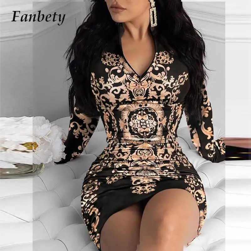 

2023 Fashion Hollow Out Long Sleeve Bodycon Dress Elegant Women Vintage Print Slim Dress Autumn Contrast Color Party Mini Dress