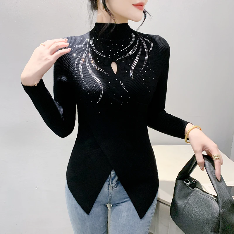 2024 новинка европейская одежда осень зима вязаный свитер сексуальный макет шеи