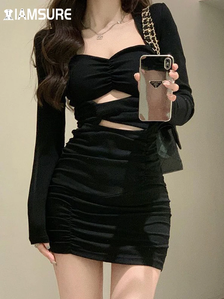 

IAMSURE Elegant Fashion Folds Bodycon Dress Clubwear Korean Style Hollow Out Square Collar Long Sleeve Mini Dresses For Women