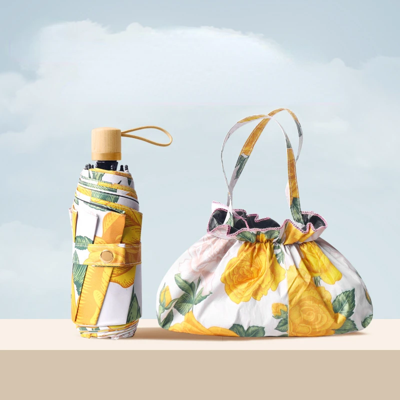 

Wooden Handle Folding Umbrella Double Layer Double sided Flower Mini Portable Sun Umbrella Paraguas uv Umbrella for Women UPF50+