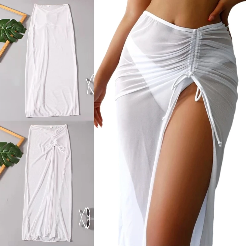 

Womens Drawstring Ruched Swimsuit Cover Up High Waist Mesh Sheer Beach Maxi-Skirt for Bikini Coverups Summer-Beachwear