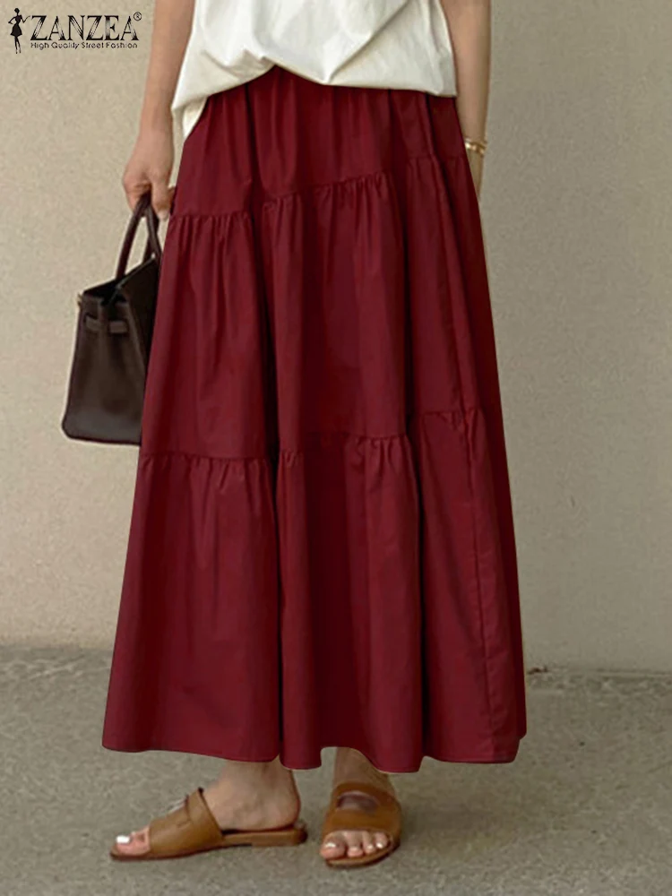 

ZANZEA Summer Holiday Ruffle Faldas Beach Casual Long Skirt Women's Elegant High Waist Jupe Femme 2022 Fashion Solid Maxi Skirts