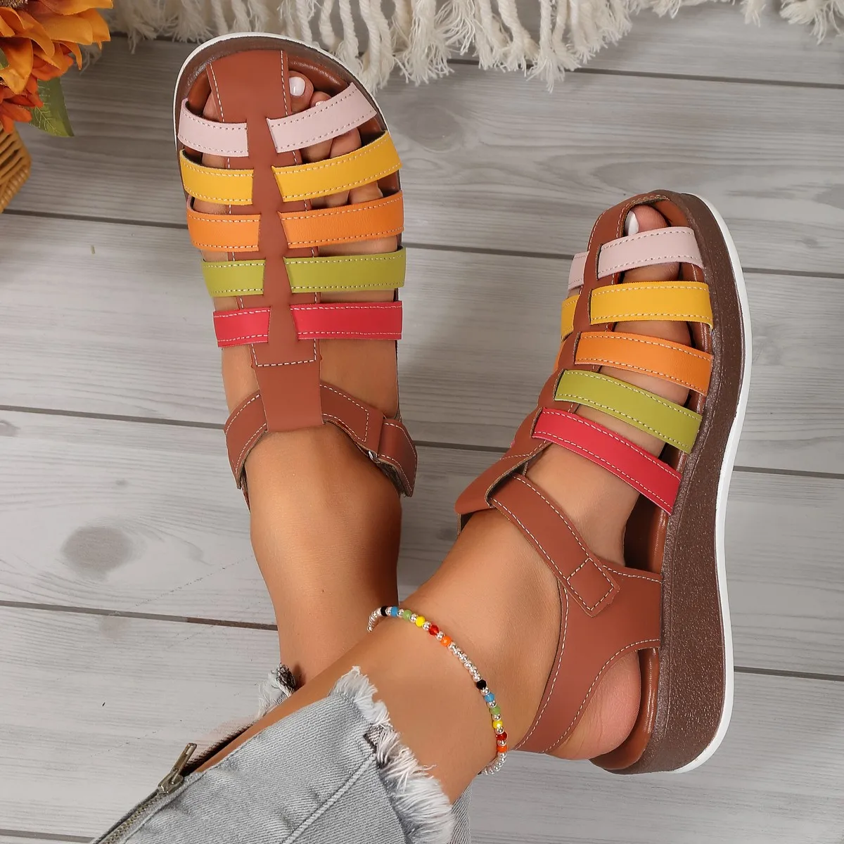 Colorful Strappy Sandals Woman Retro Wedge Gladiator Sandalias Ladies Summer Casual Platform Beach Shoes In Brown Blue