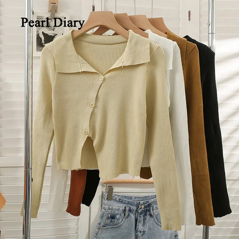 Купи Pearl Diary Women French Irregular Short Crop Tops Turn-Down Collar Single-Breasted Knitting Shirt Slim All-Match Long Sleeve To за 593 рублей в магазине AliExpress