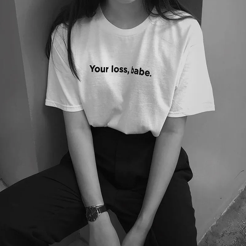 

Your Loss Babe Letters Printed Women T Shirts Y2k Top 2000s Grunge Clothes Cotton Short Sleeve Camisetas Tshirt Top Dropshipping