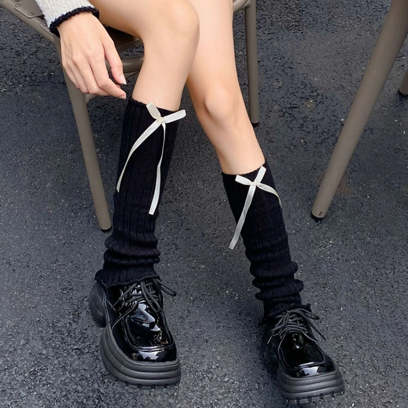 Женские гетры в полоску с бантом осенние и зимние вязаные шерстяные носки