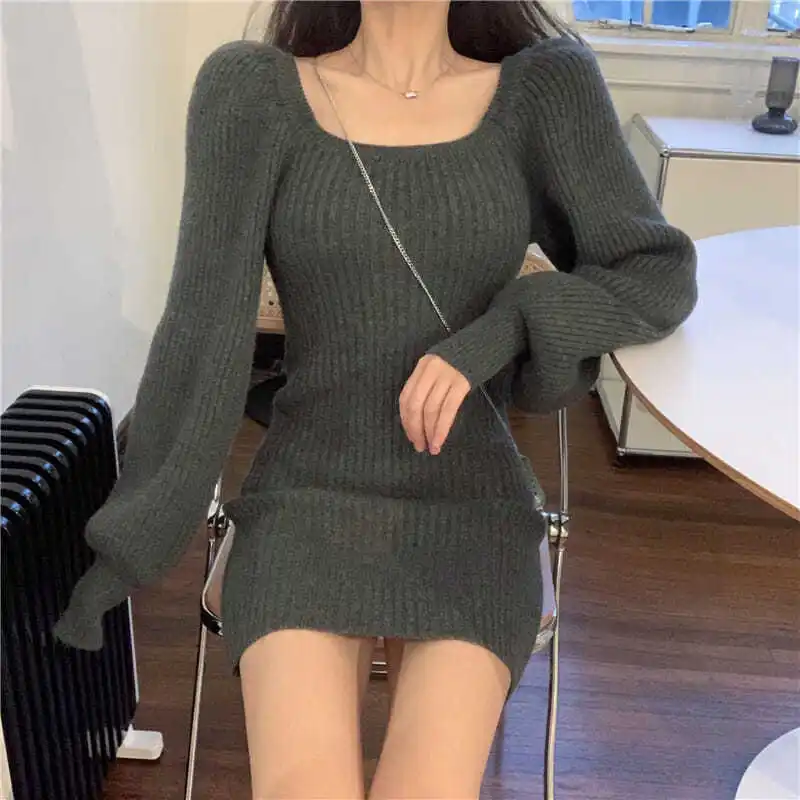 

Новинка осеннее стильное Облегающее вязаное платье с квадратным вырезом в ягодицах дизайнерское темпераментное платье с длинными рукавам...