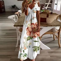 summer sexy v neck off shoulder floral printed long dresses for women short sleeve casual boho beach dress ladies robe femme