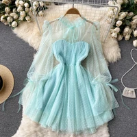 2022 spring new mesh dot mini dresses for women bow decoration long sleeve slim waist woman dress princess vestidos mujer