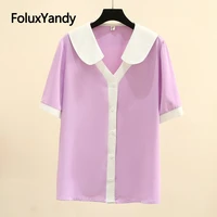 contrast color peter pan collar women summer blouse plus size 3xl 4xl casual loose short sleeve blouse shirt kkfy6187