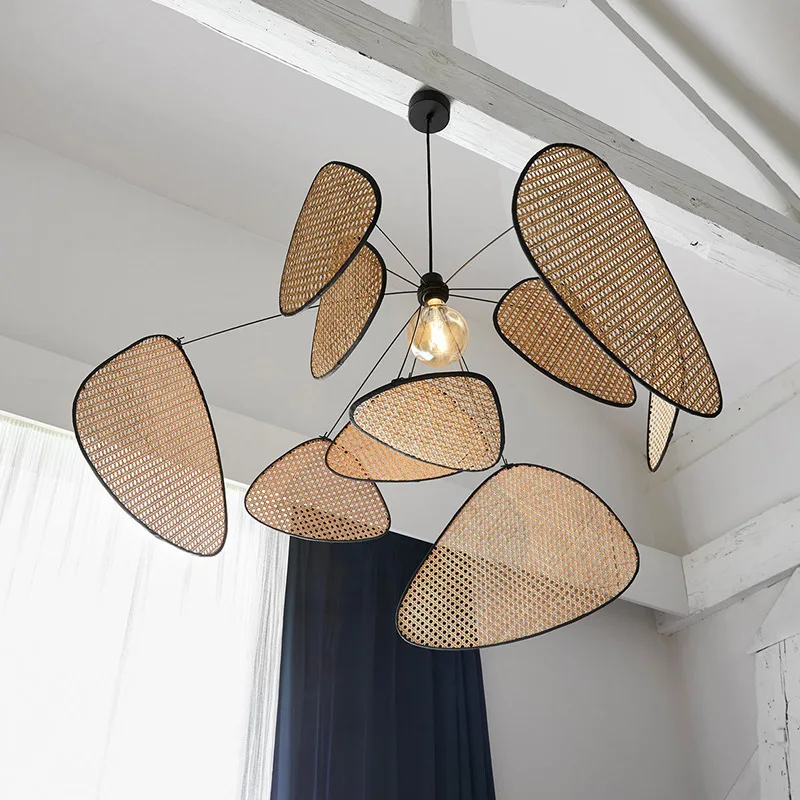 2022 Modern New Pattern Retro Leaf Grid Rattan LED Pendant Lamp For Bedroom Kitchen Study Exhibition Hall