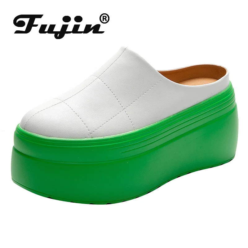 Фото Fujin 2022 8 см Женская обувь мюли из натуральной кожи Gereen белый черный платформа