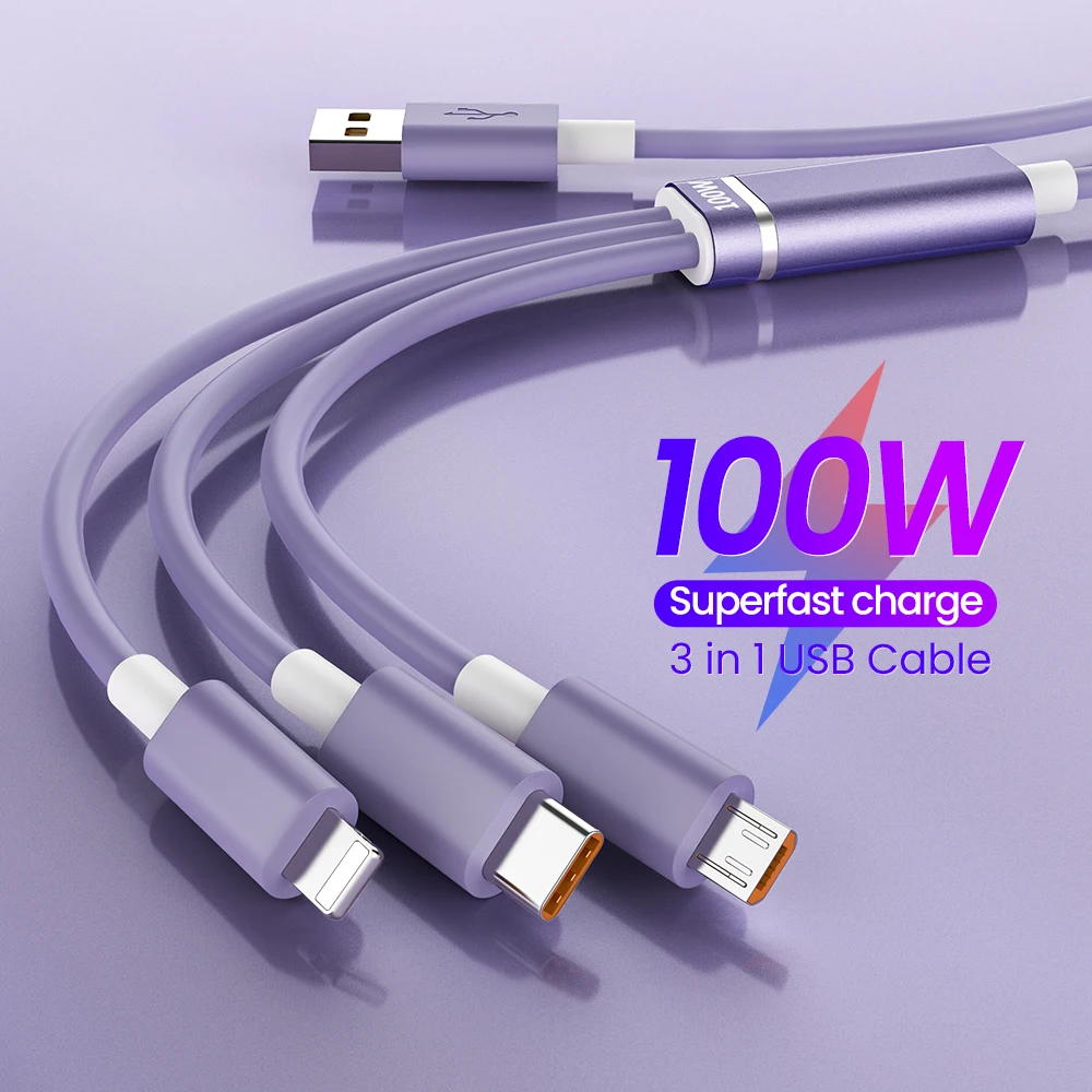 

Кабель зарядный 3 в 1, 100 Вт, Micro USB Type-C, жидкий силикон