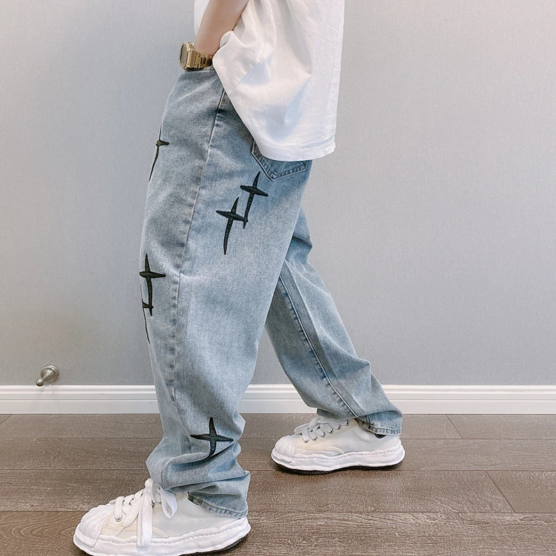 Y2k Men Harajuku Streetwear Blue Casual Jeans Hip Hop Wide Leg Baggy Denim Pants Grunge Graffiti Low Waist Trousers Clothes