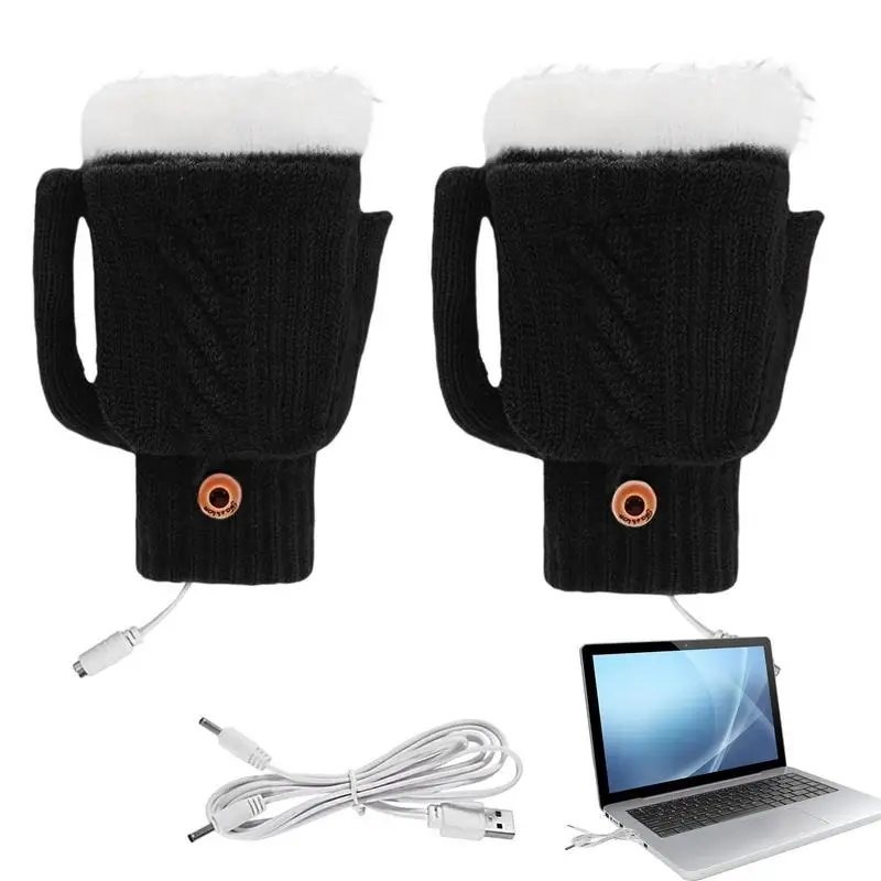 

USB Heated Mittens Electric Knitting Hand Warmers Thermal Heating Mittens Double-sided Electric Heating Typing Gloves Washable