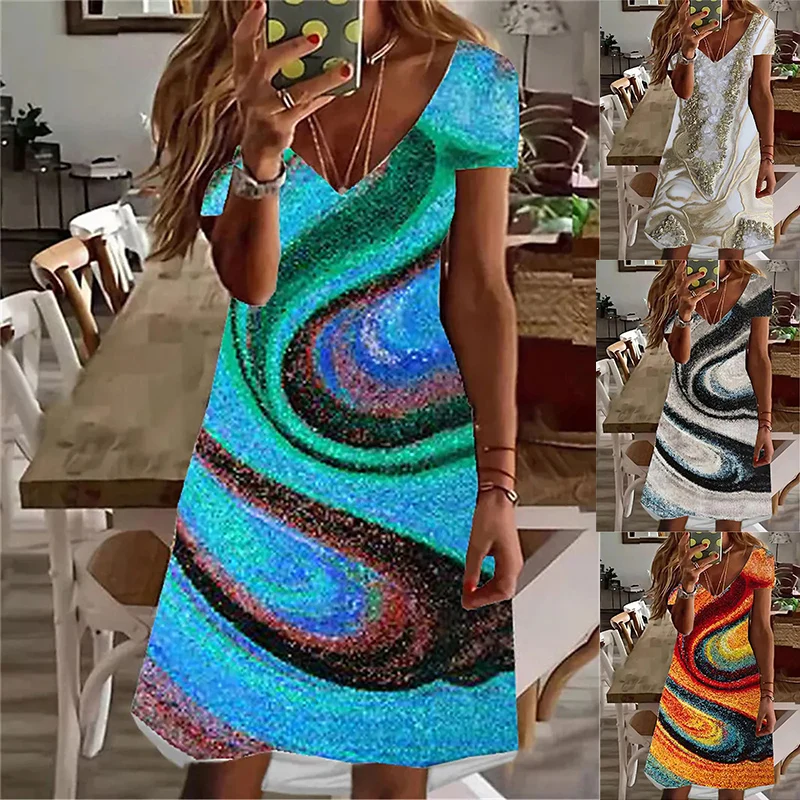 

Women's Straight Skirt Color Gradient Print Spring Summer V-Neck Fashion Casual Skirt Blue Grey Short Sleeve Knee Length Skirt