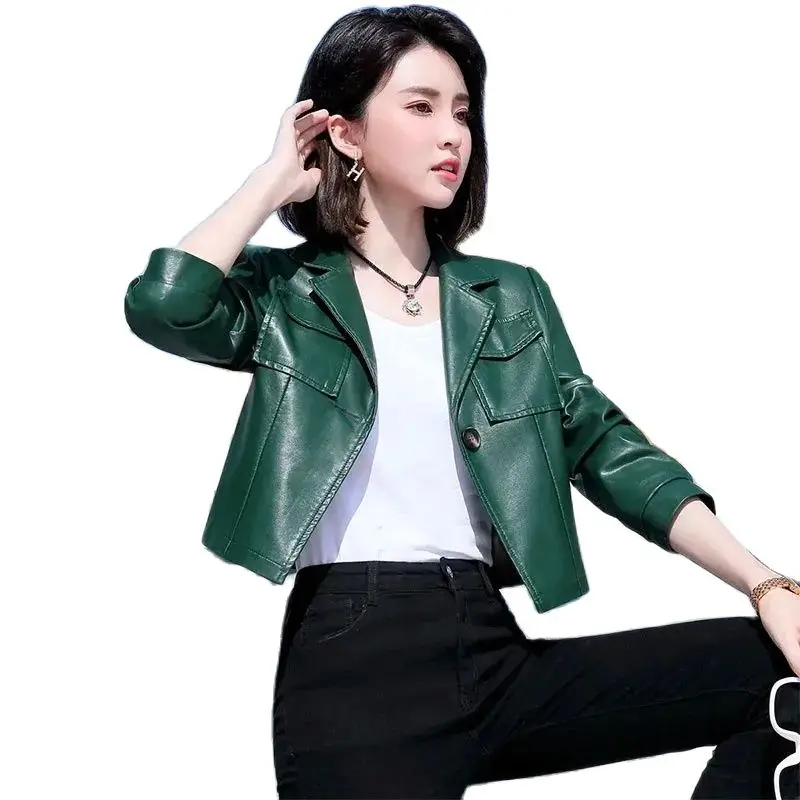 

2023 Fashion Short Leather Jacket Women Moto Coat Spring Autumn Single Buckle Black Green Brown Lady PU Leather Small Outerwear