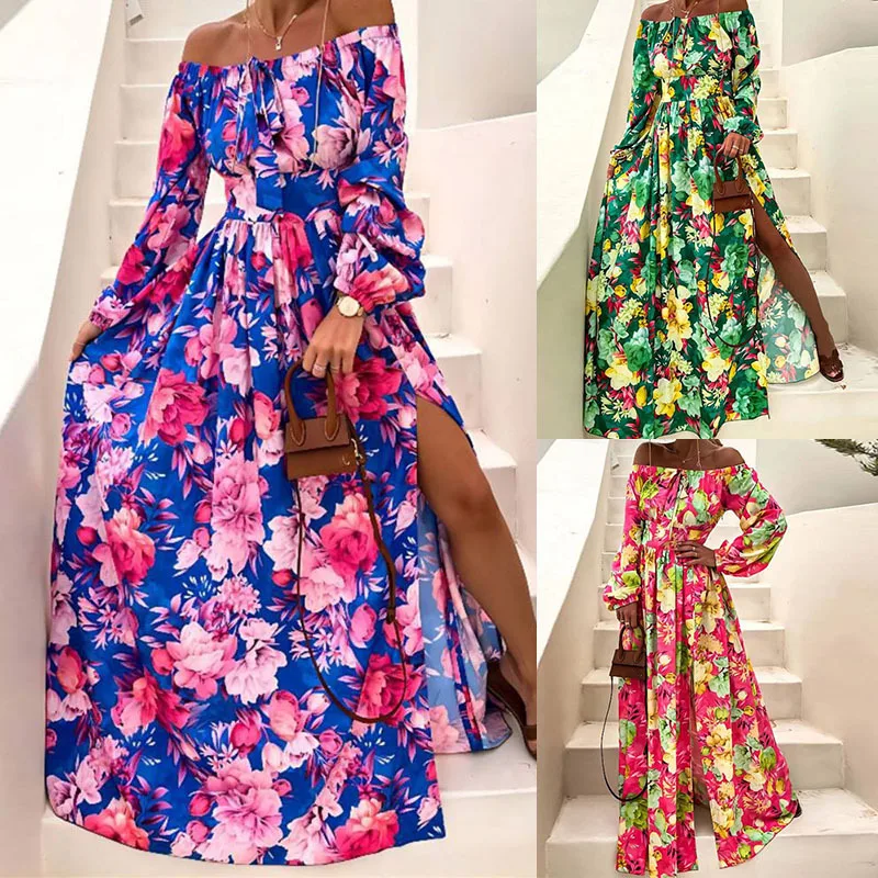 

Women's 2023 Autumn New Style Elegant Off Shoulder Print Long Sleeve Dress