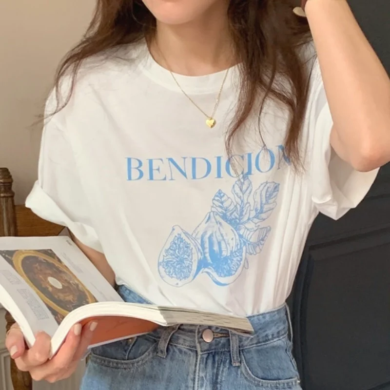 

T-shirt Short Sleeve 2022 New Small Fresh Fig Print Casual Versatile Round Neck Loose Top Women Summer