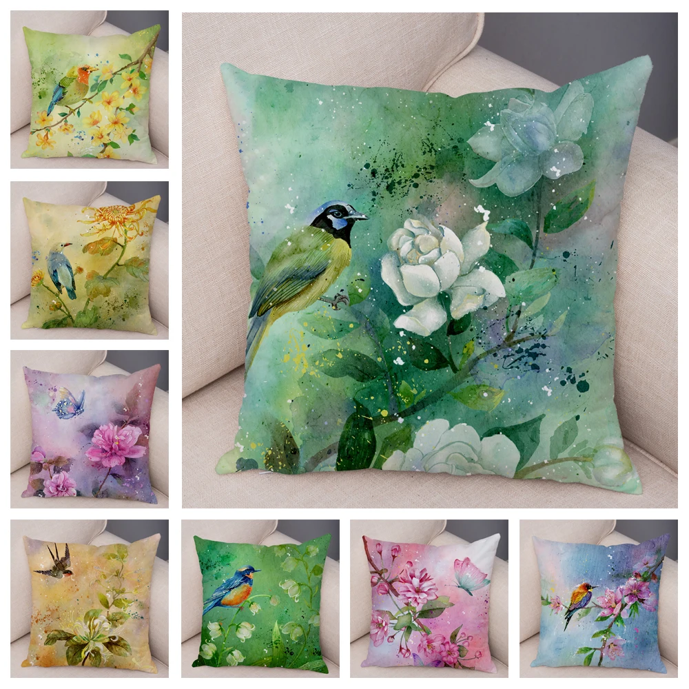 

Watercolor Flower and Birds Cushion Cover for Sofa Car Chair Pillow Case Colorful Floral Animal Pillowcase Funda Cojines 45x45