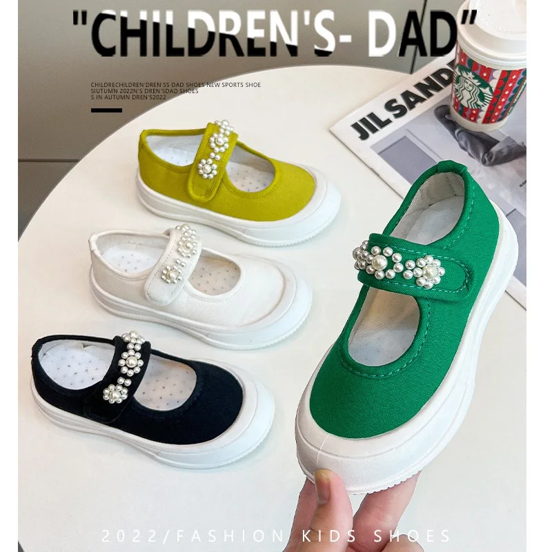 

New Girls Canvas Shoes Fashion Pearl Comfortable Soft Bottom Kids Breathable Casual Shoes Solid Girls Princess Shoes 4-16 Years
