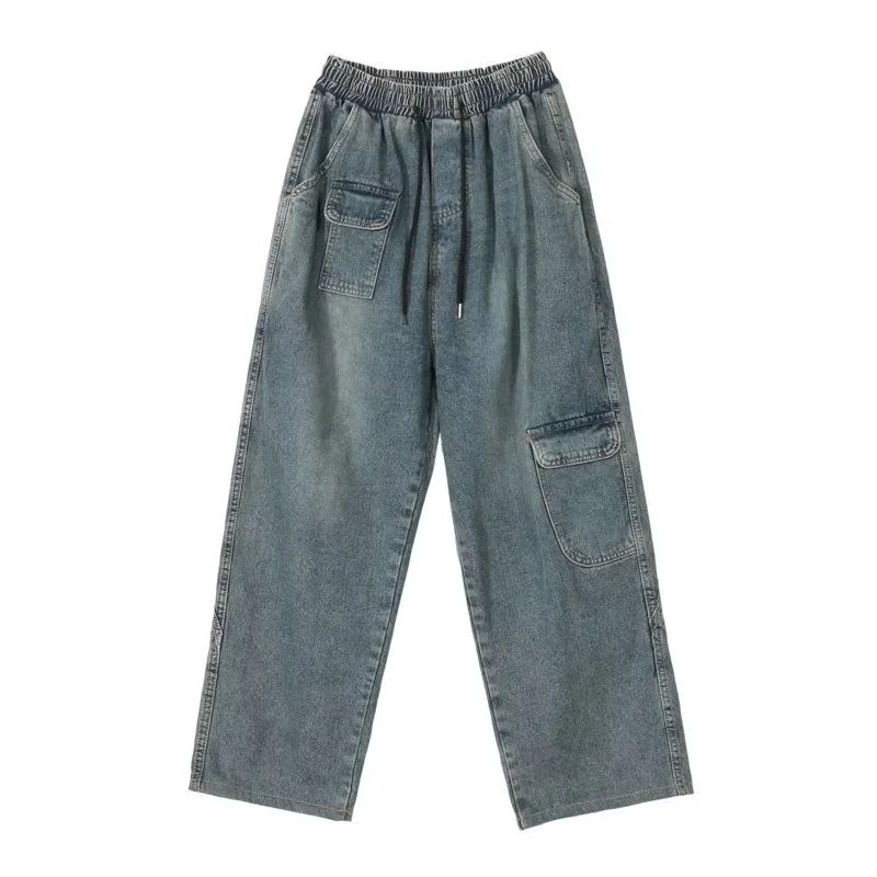 Blue Baggy Jeans Men Fashion Retro Pocket Cargo Jeans Men Japanese Streetwear Hip Hop Loose Straight Denim Pants Mens Trousers