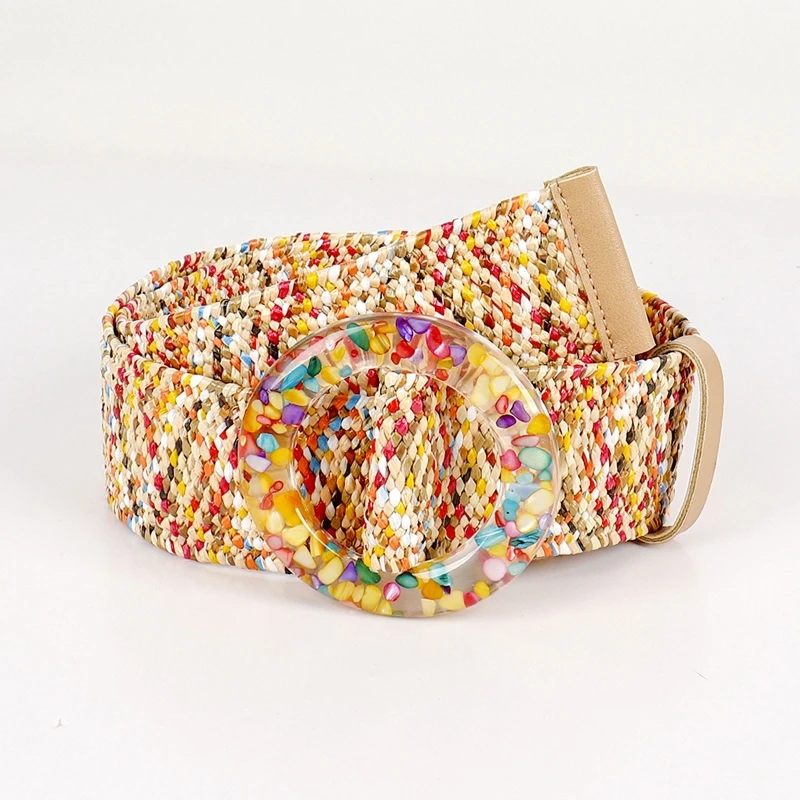 

Braided Women's Belt Vintage Wide Bohemian Belts Designer Colorful Buckle Shell Decorative Women PP Straw Waist Belt