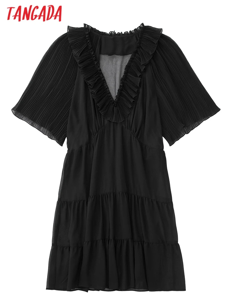

Tangada 2022 summer women black chiffon dress ruffles short Sleeve Ladies Sundress JE28