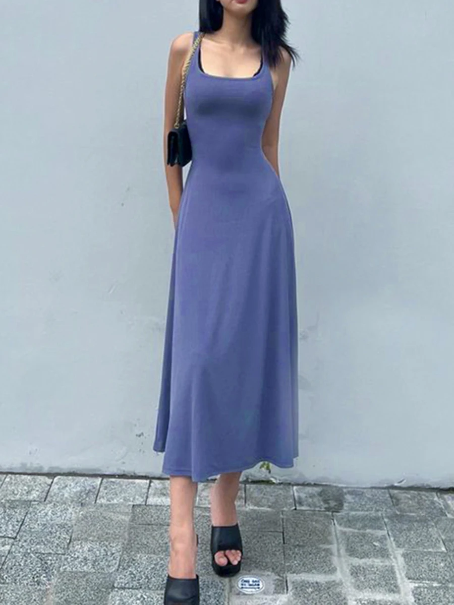 

fashion vintage womens Sleeveless T-shirt Dress Solid Simple Style U-Neck Basic Dresses Elegant Club Streetwear