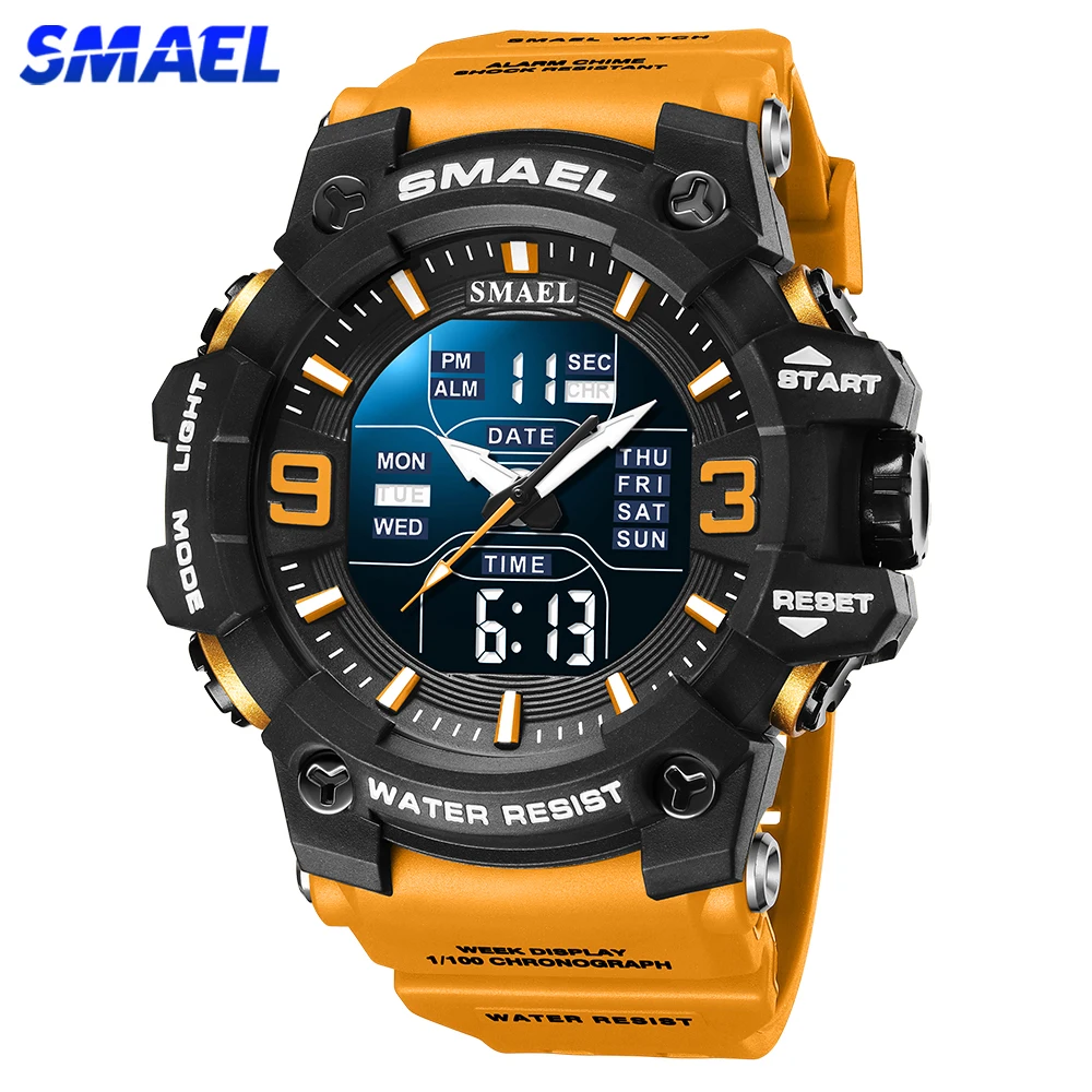 

Мужские оранжевые часы SAMEL с двойным дисплеем времени, спортивные наручные часы, секундомер, будильник, военные СВЕТОДИОДНЫЕ Цифровые мужские часы