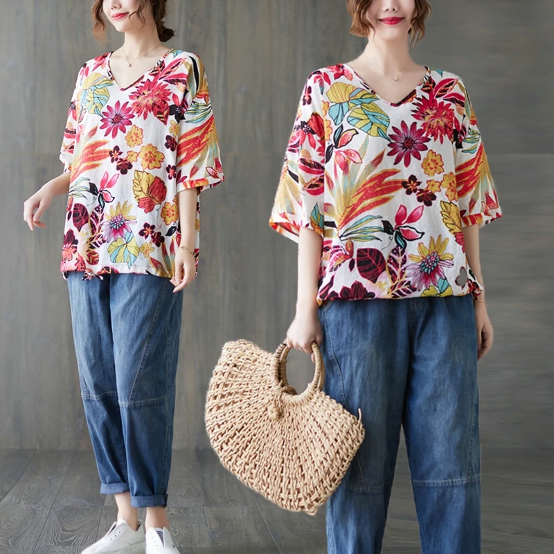 

Women's Cotton Linen Printed V-neck T-shirt Loose And Versatile Top Looks Thin And Versatile