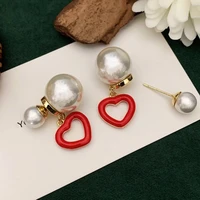 korean fashion earrings hollow red enamel love jewelry white lover pearl earrings set cute christmas gift beautiful girl jewelry