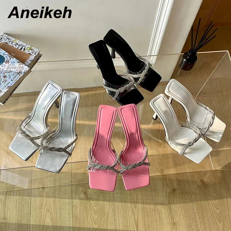 

Женские мюли без задника Aneikeh, летние туфли с квадратным открытым носком, украшенные кристаллами, на высоком каблуке, без застежки, Размеры 35-40, 2023