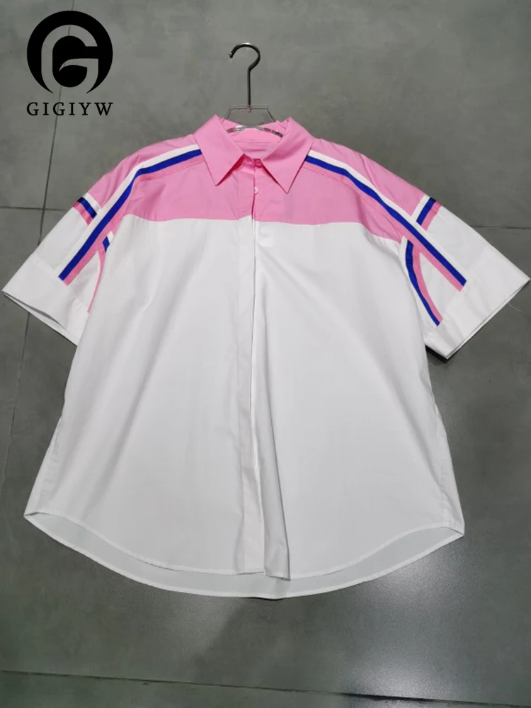 

GIGIYW Hit Color Shirts Women Lapel Short Sleeve Spliced Single Breasted Casual Loose Blouse Female Fashion Clothing