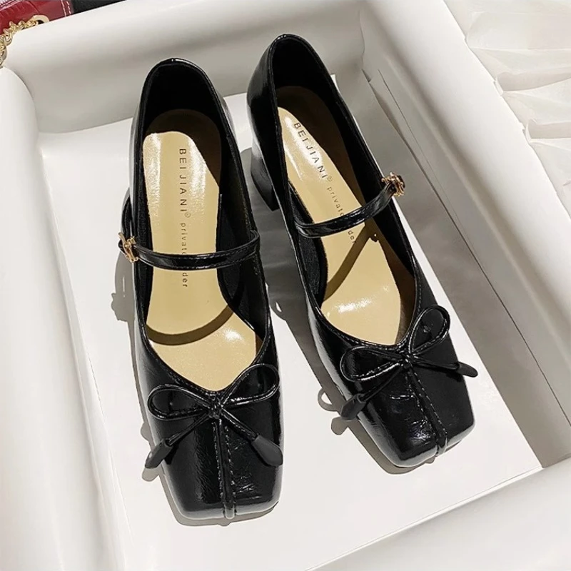 Туфли женские с бантом овечья кожа квадратный носок высокий толстый каблук