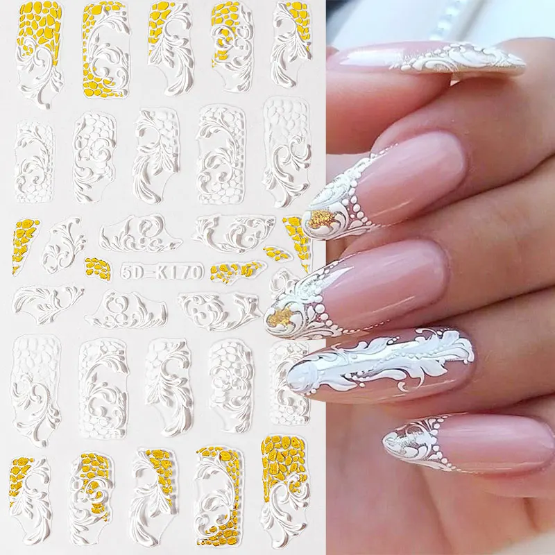 

KOSKOE 5D Nail Stickers English Alphabet Star Flower White Lace Gel Decals Acrylic Engraved Sliders Embossed Foil Manicure
