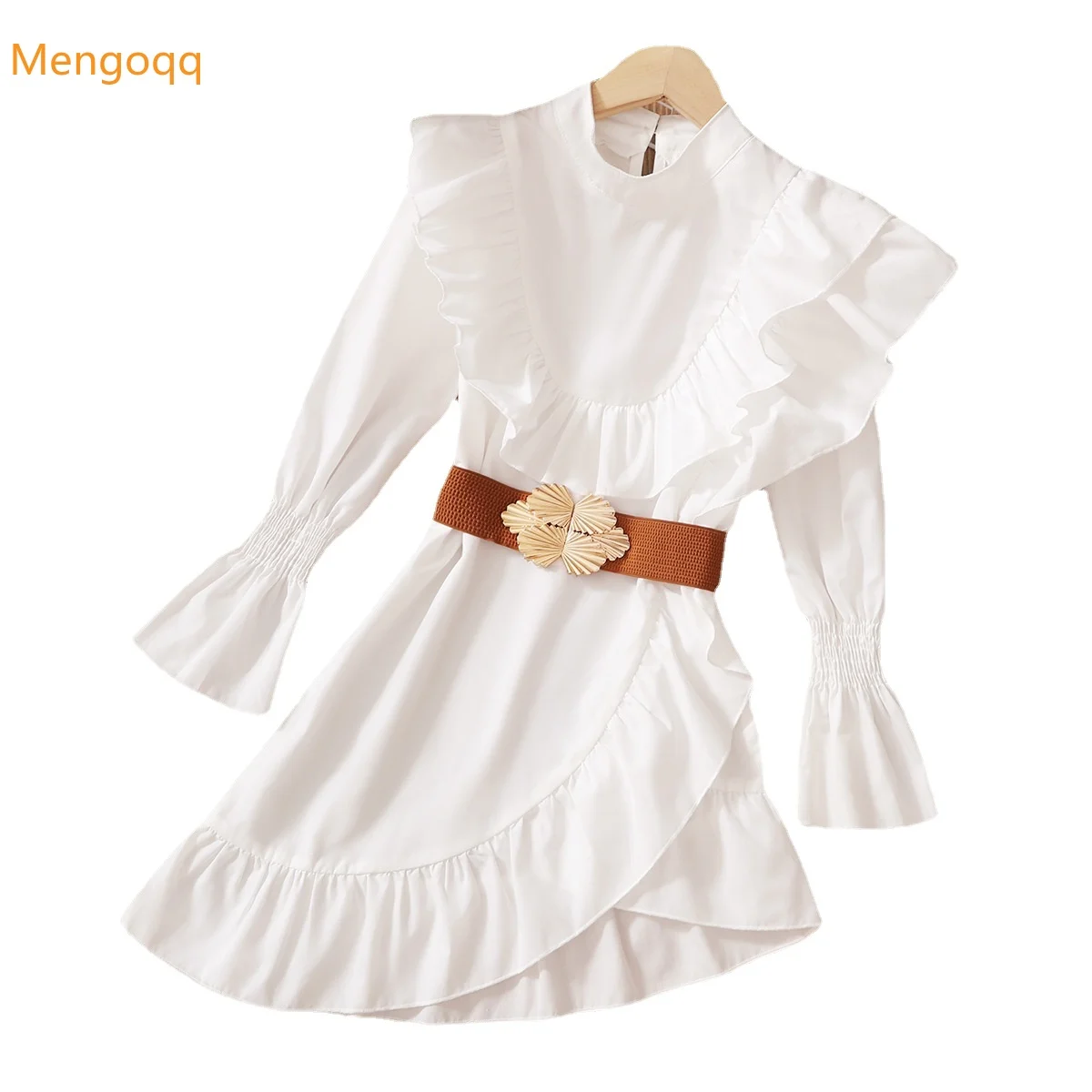 

Детская Студенческая модная одежда для детей раннего возраста для девочек с длинным рукавом с рюшами однотонное асимметричное платье с поя...