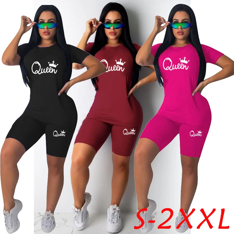 

Summer Women Queen Print Rouned Neck Short Sleeves T-shirt & Skinny Pants Sets Ladies Sports Suits Outfits