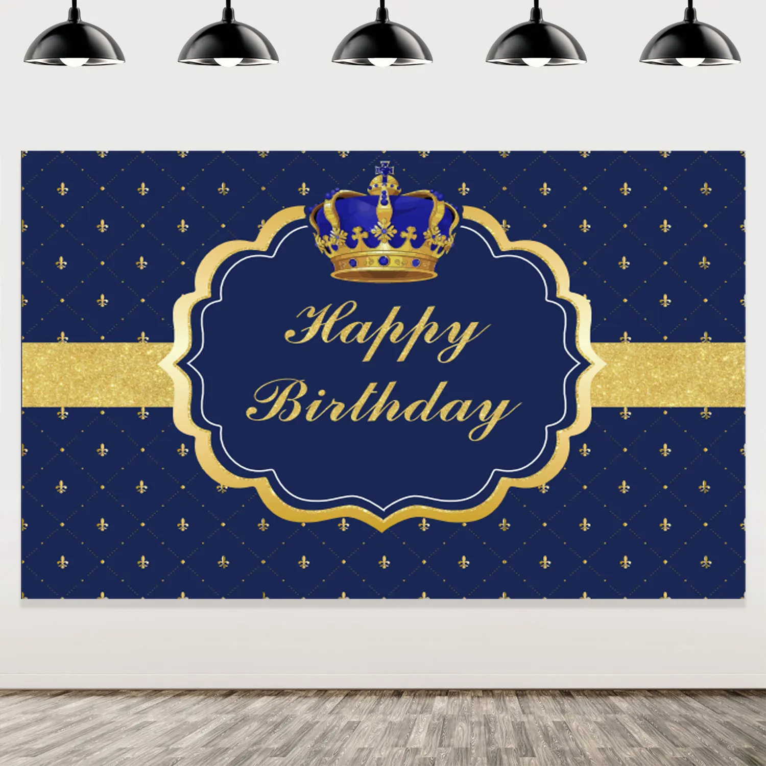

Crown Birthday Party Decorations Blue Gold Happy Birthday Backdrop Prince Royal Celebration Navy Photo Background Wall Banner