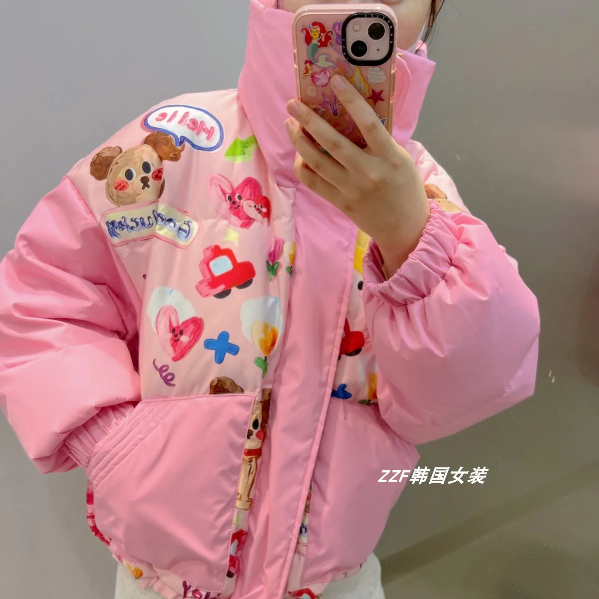 Women's Winter New Fashion Cartoon Oil Painting Graffiti Down Jacket Loose Lapel Thicken White Duck Down Coat for Ladies