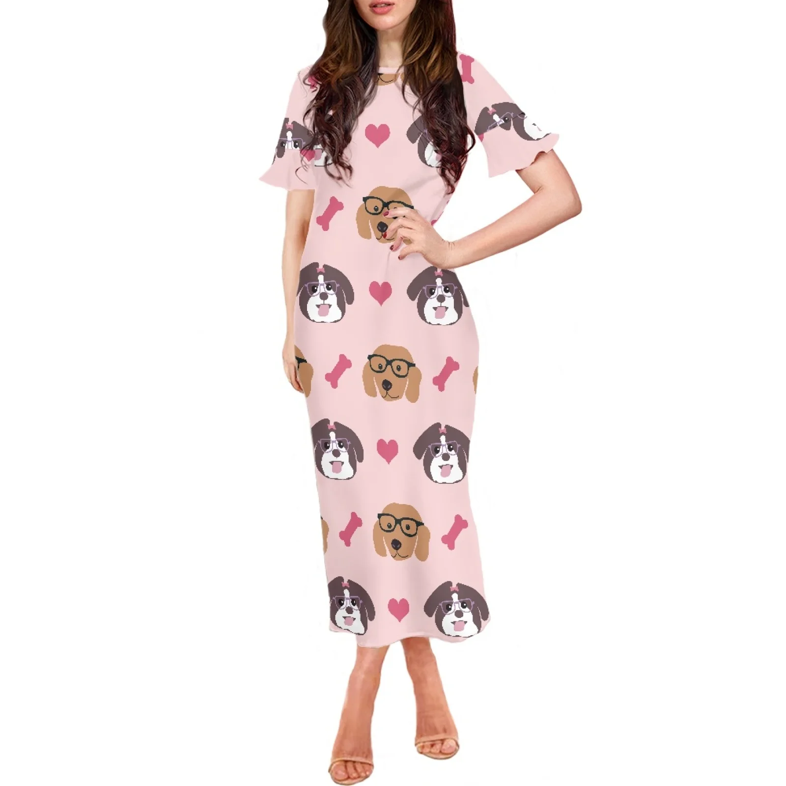 

Cartoon Dog Design Printed Hawaiian Polynesian Style Women's Dress Casual Short Sleeved Summer Dress Slim-Fitting Party Dress