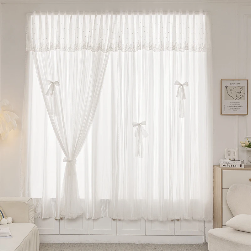 

Punch-Free Solid White Semi-blackout Shading Curtains for Bedroom Living Room Easy Install 2 Layers Korean Fairy Window Drapes